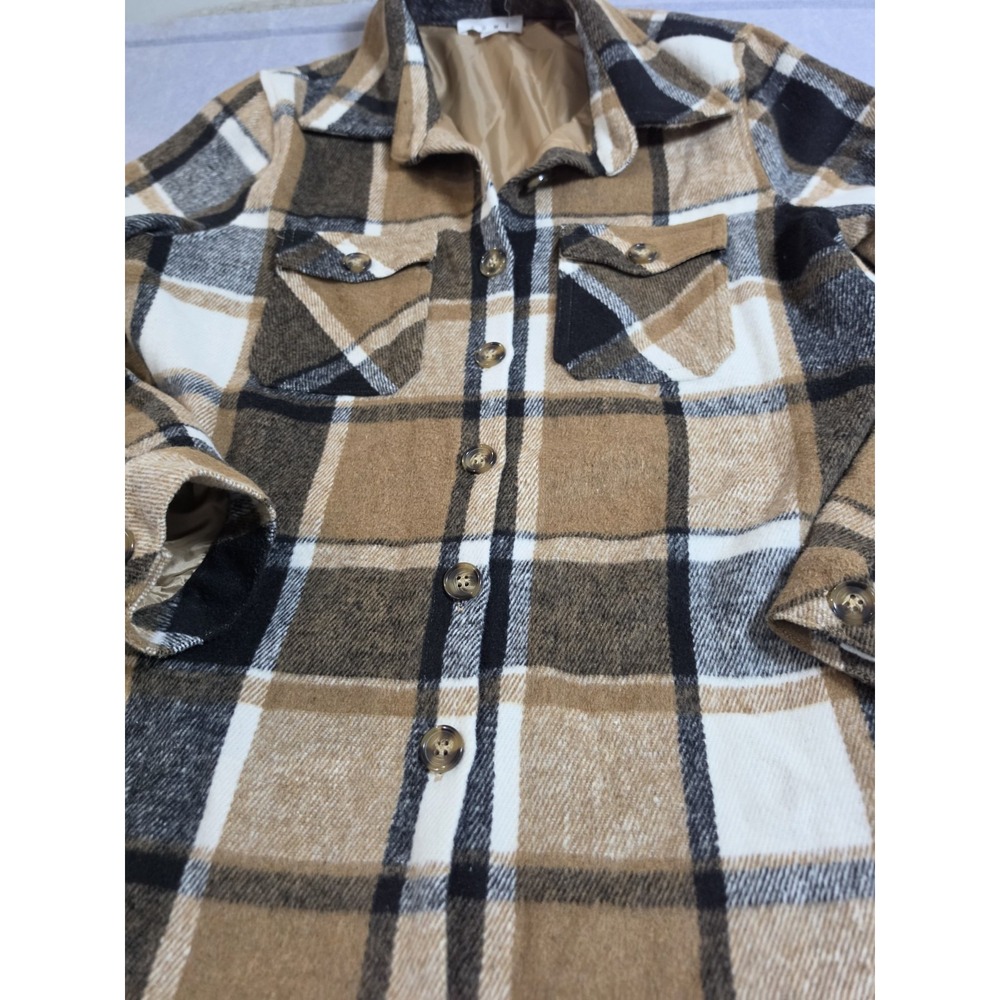 THML Jacket Womens Sz M Brown Plaid Flannel Shirt Shacket Button Lined Wool Blnd - Picture 2 of 10